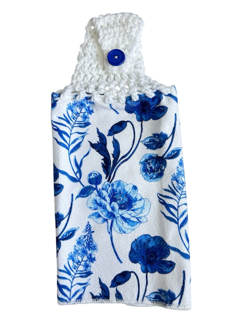 Hand Crafted Blue and White Floral Hanging Kitchen Hand Towel Crochet Top - Picture 4 of 7